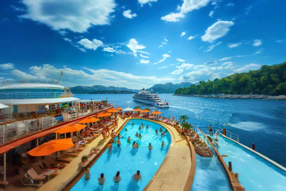 Cruise ship with swimming pool filled with passengers, orange umbrellas, and another ship anchored in turquoise blue water su