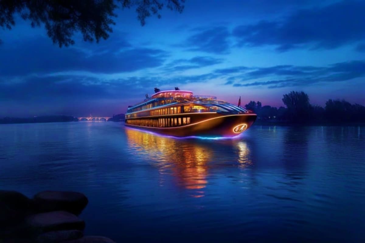 Illuminated river cruise ship at dusk with golden lights reflecting on calm water, trees and bridge visible in background