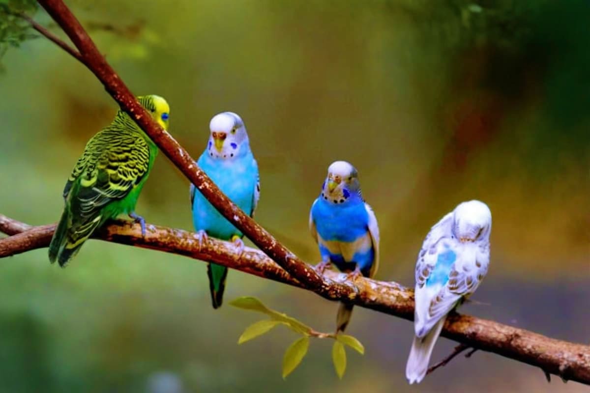 Four colorful budgies perched on a brown branch, featuring green, blue, and white plumaged birds in a natural setting at Al A