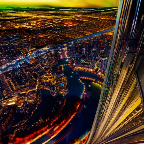 Aerial nighttime view of Dubai cityscape with illuminated streets, waterways, and buildings taken from Burj Khalifa observati