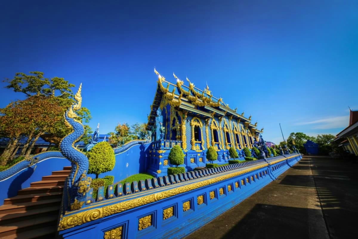 Blue and gold Buddhist temple with ornate spires, golden dragons, and manicured topiary in Chiang Rai