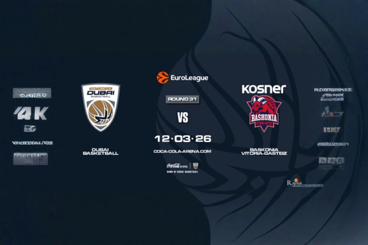 DUBAI BASKETBALL VS KOSNER BASKONIA Dubai Basketball EuroLeague basketball match poster: Dubai Basketball vs Kosner Baskonia, Round 31, December 3, 2026 at Coca-Cola Arena