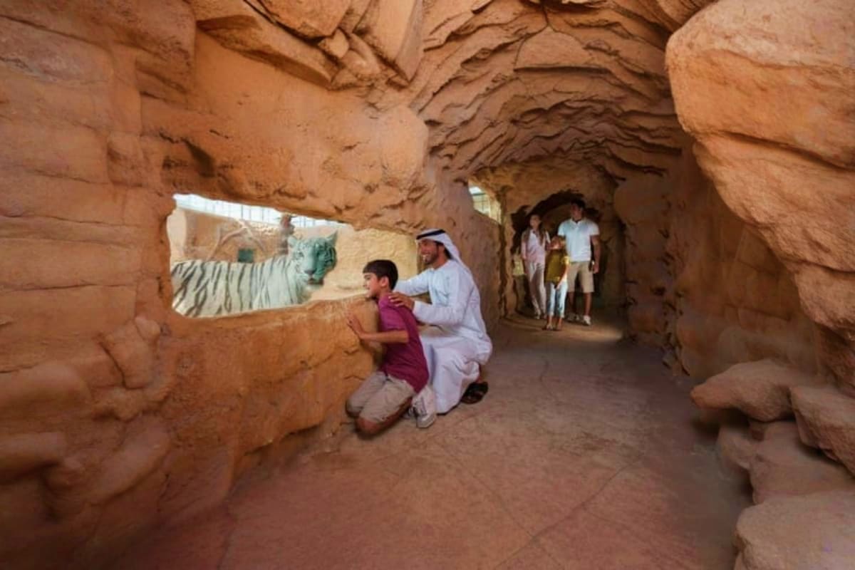 Man in white traditional dress showing young child ancient rock carved relief in stone tunnel at Emirates Park Zoo