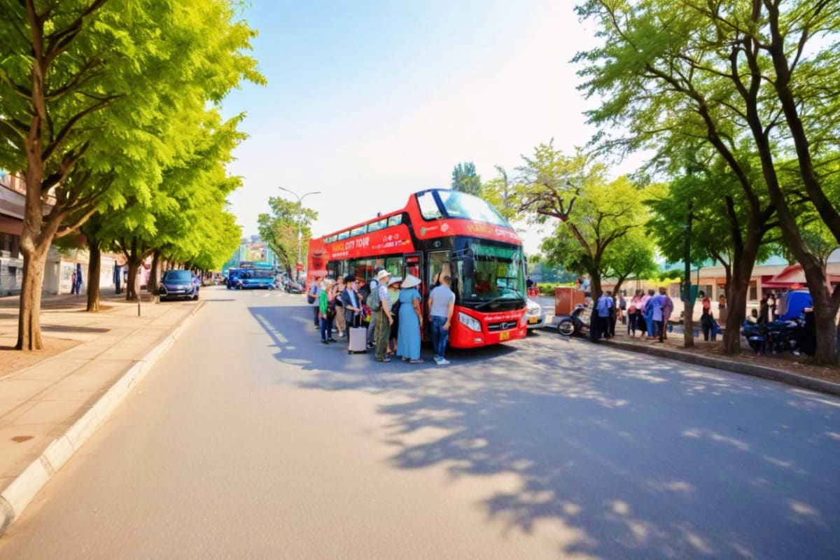 Red double-decker hop-on hop-off tour bus stopped on tree-lined street with passengers boarding and city buildings in backgro