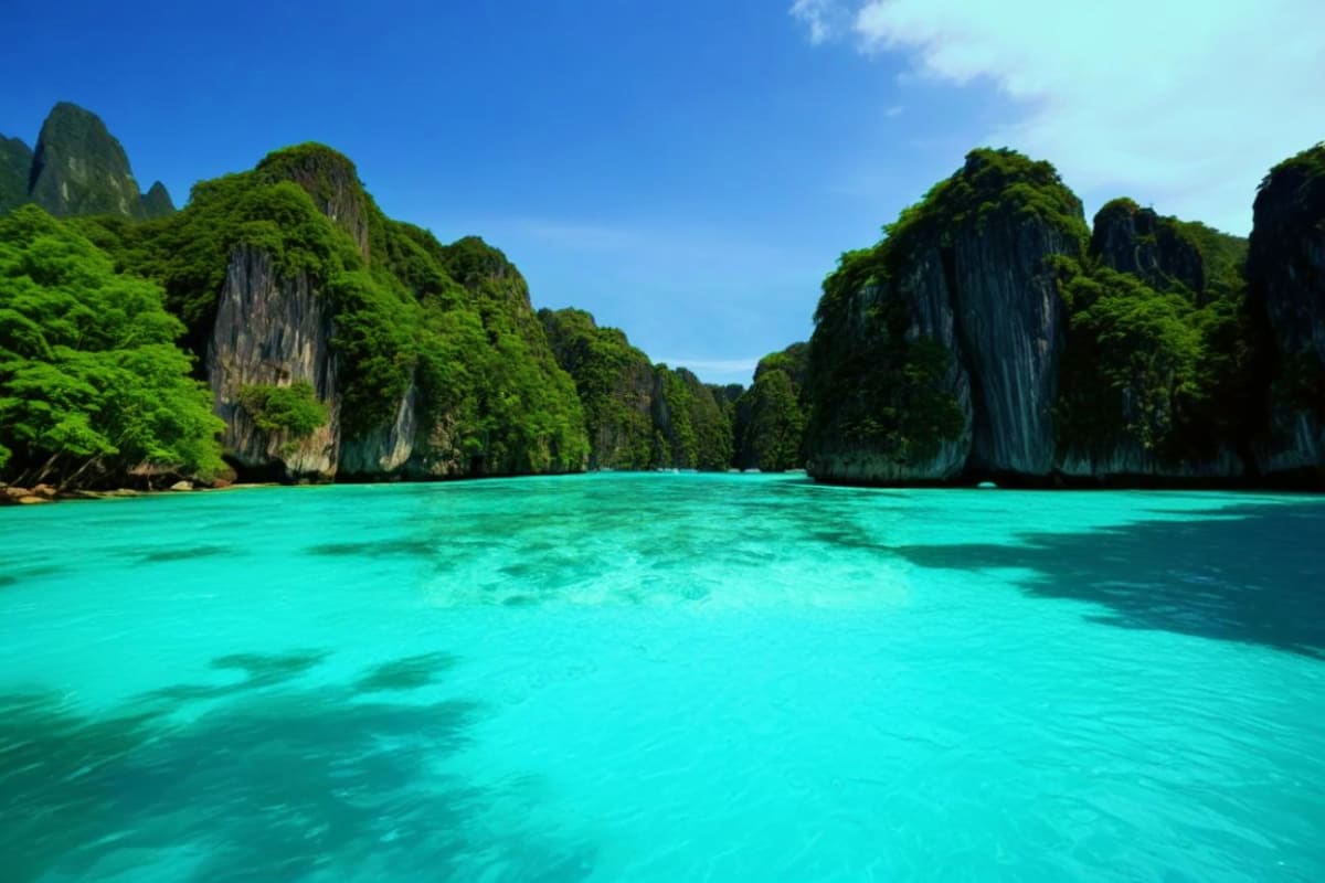 Emerald lagoon surrounded by towering limestone cliffs covered in lush green vegetation under blue sky in Krabi, Thailand