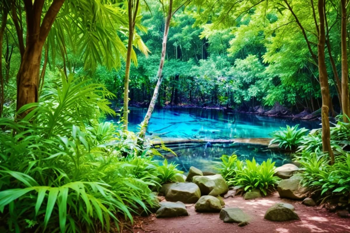 Turquoise lagoon surrounded by dense tropical jungle, palm trees, and limestone cliffs in Krabi, Thailand