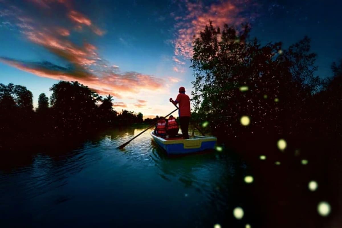 Boatman poling a wooden boat at sunset on a river surrounded by lush vegetation and glowing fireflies