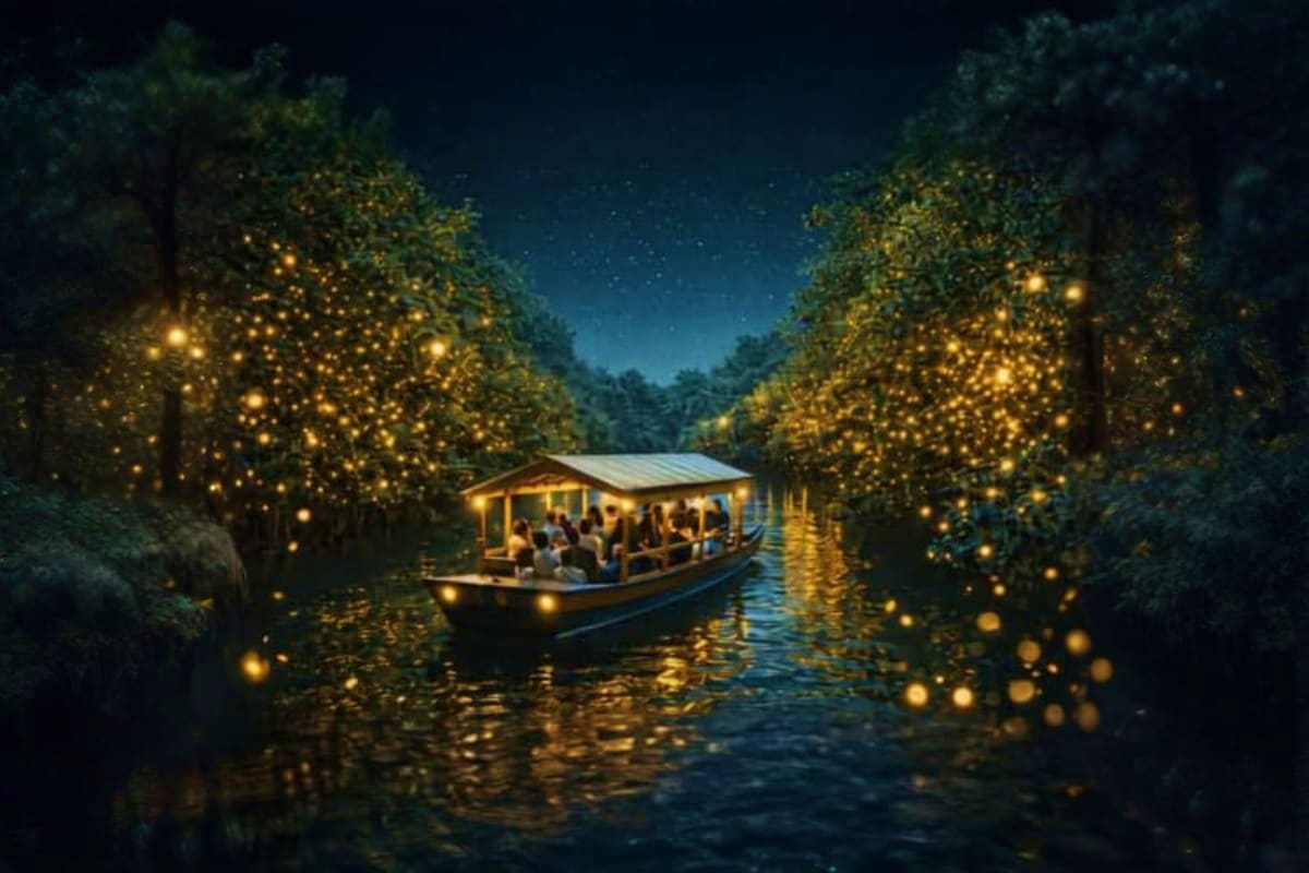Illuminated boat cruising through firefly-lit forest canal at night with passengers under starry sky