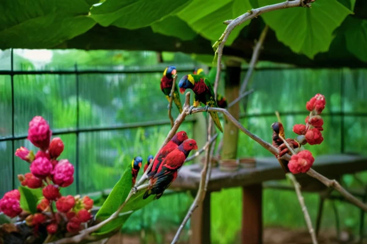 Colorful macaws perched on branches near pink flowers in tropical aviary at Kuala Lumpur Bird Park
