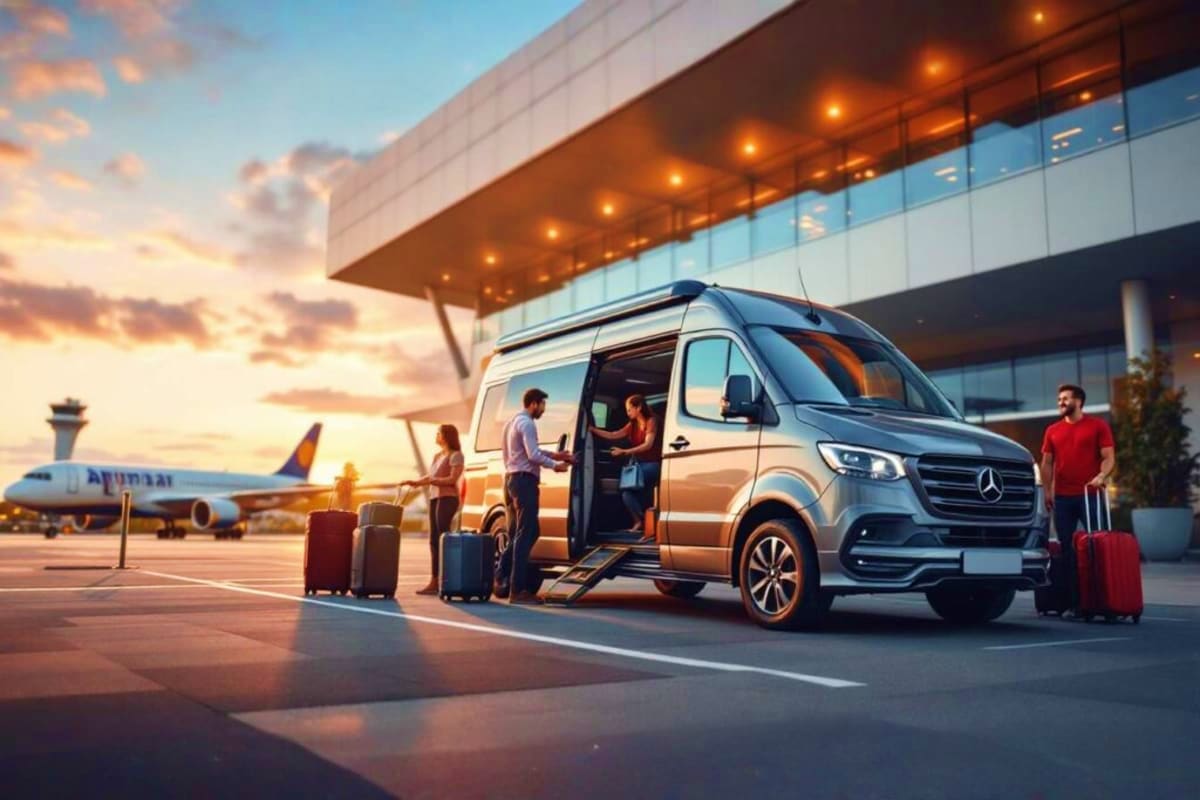 Mercedes van with passengers and luggage at Langkawi Airport terminal during sunset, airport transfer service