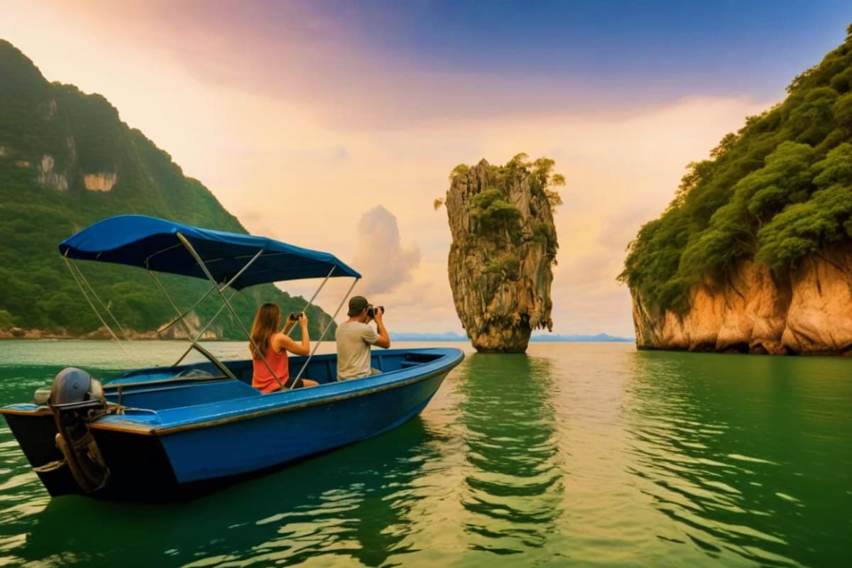 Tourists photographing limestone rock formation from blue boat in Langkawi island waters with jungle-covered cliffs