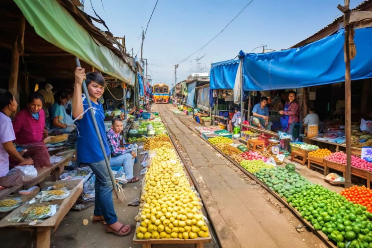 Bustling Maeklong Railway Market with vendors selling colorful fresh produce including yellow lemons and green limes arranged
