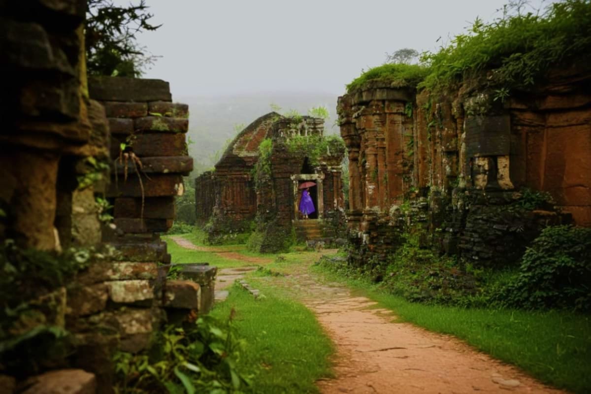 Ancient brick temple ruins at My Son Sanctuary with moss-covered structures, overgrown vegetation, and a person in purple wal