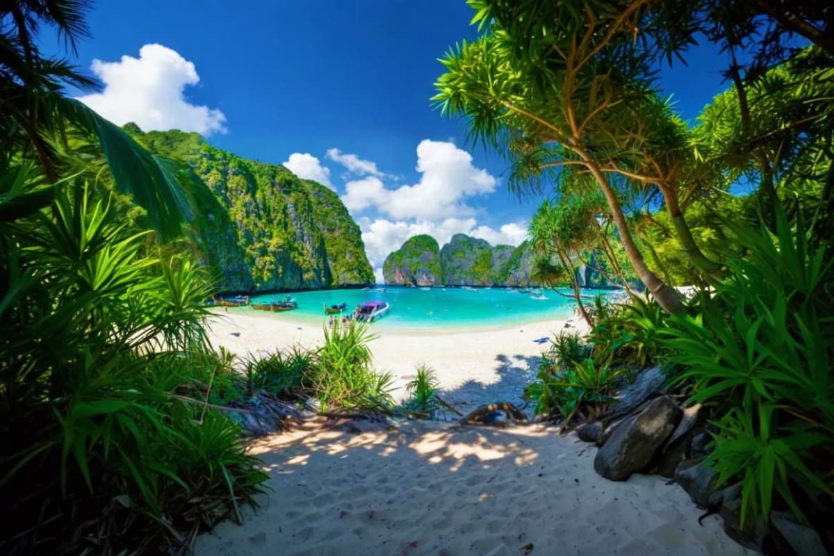 Phi Phi Island Bamboo Island Maya Bay and Pileh Lagoon by Speed Boat Turquoise lagoon surrounded by towering limestone cliffs, white sand beach, and tropical palm trees with traditional longtail