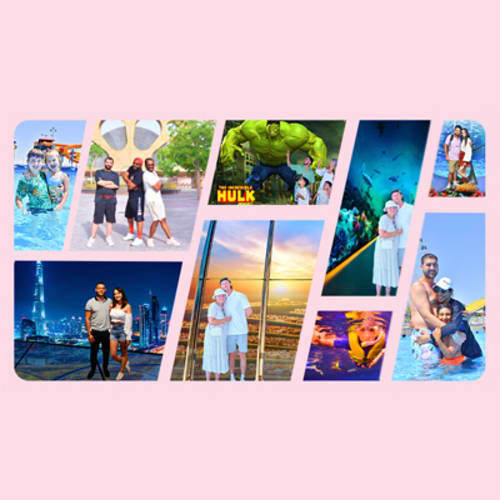 Collage of family photo memories at Dubai attractions including water parks, Burj Khalifa, desert sunset, and beach activitie