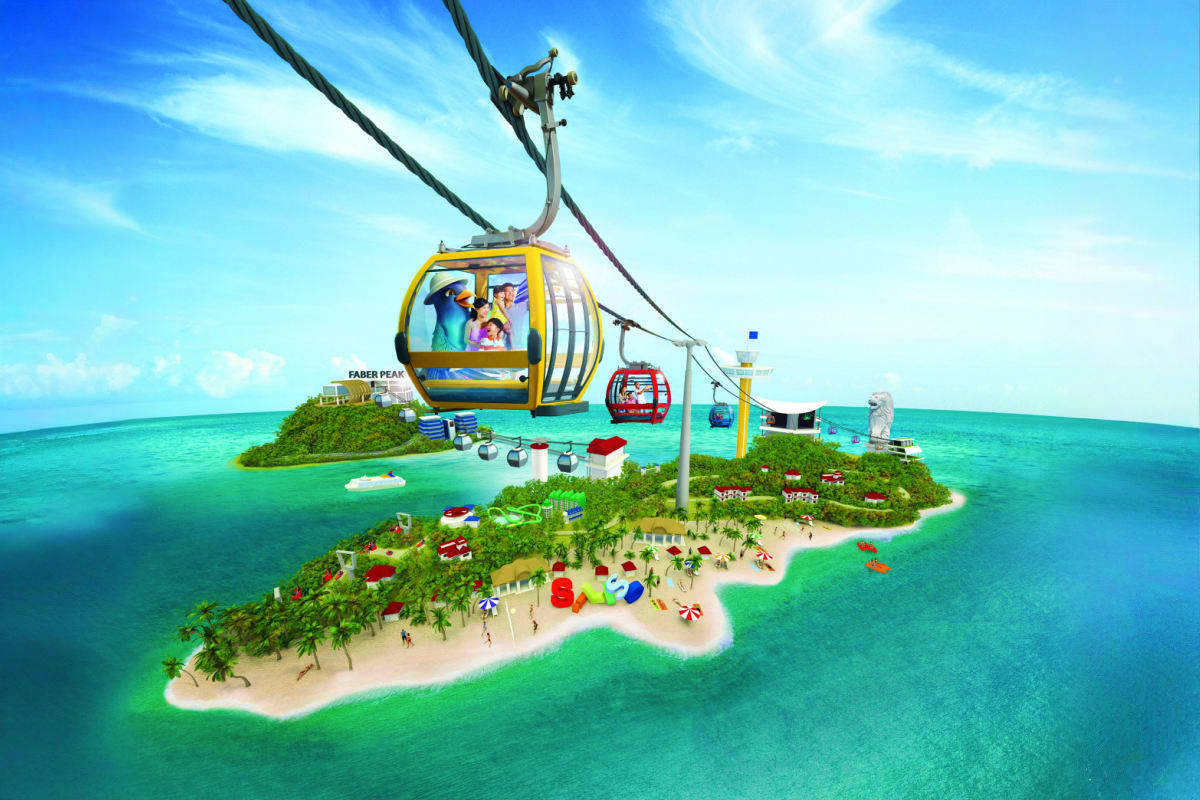 Sentosa Cable Car carrying passengers over a tropical island with turquoise waters, beaches, and theme park attractions below