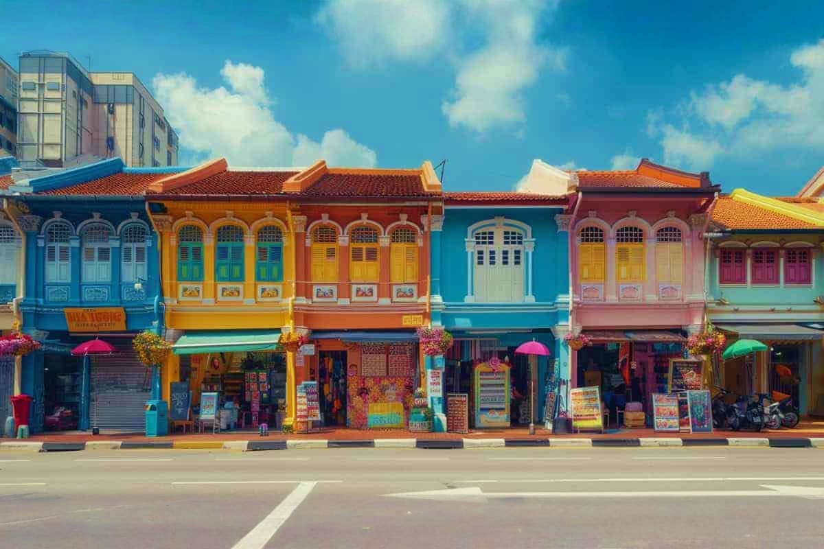 Colorful traditional shophouses in Singapore's Chinatown district with blue, yellow, red and pink facades under clear sky