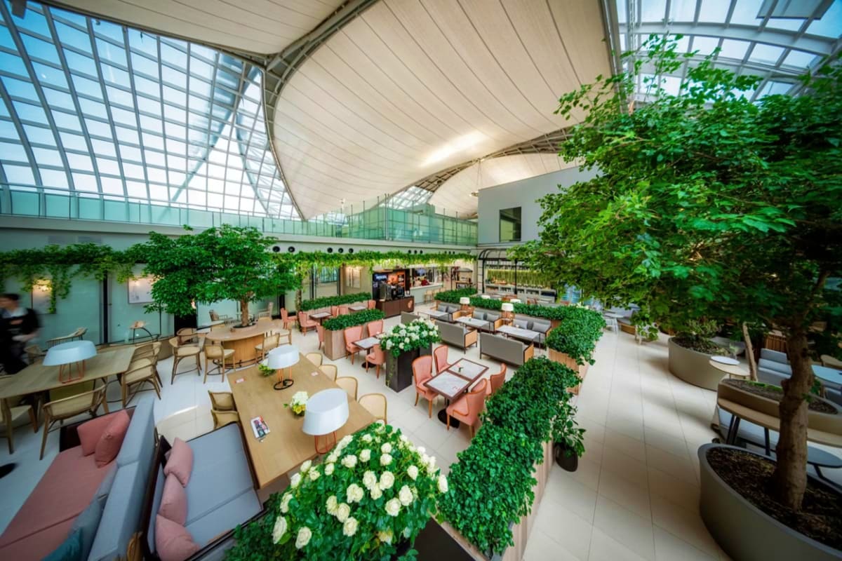 Modern airport lounge interior with curved ceiling, skylights, green plants, and seating areas with tables and chairs