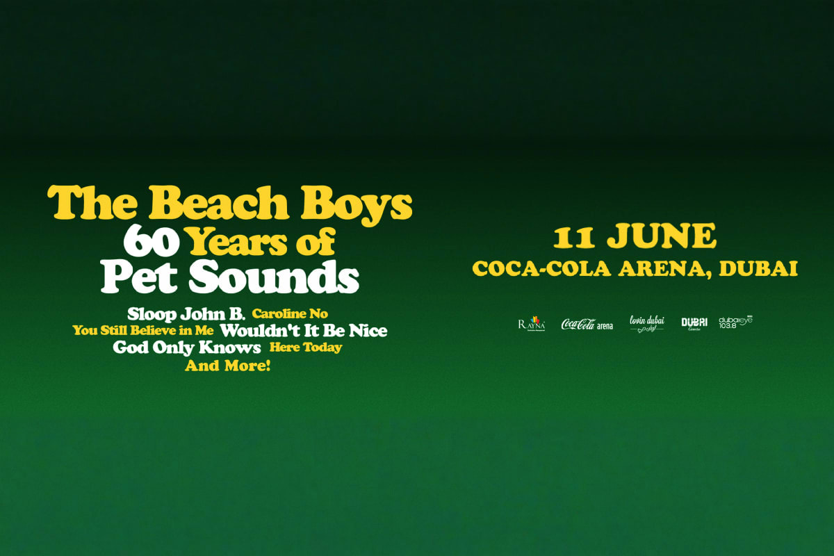 THE BEACH BOYS 60 YEARS OF PET SOUNDS TOUR The Beach Boys 60 Years of Pet Sounds tour promotional poster with event details for June 11 at Coca-Cola Arena, Dubai