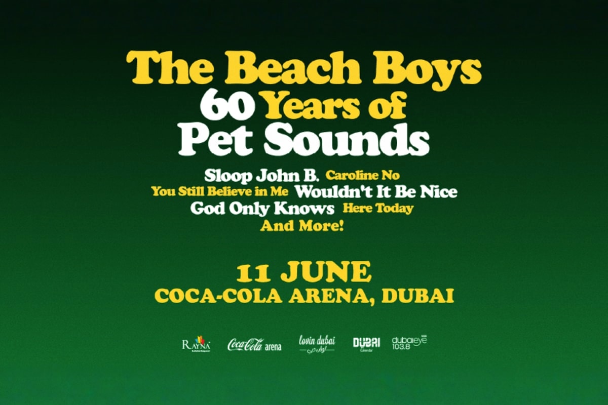 The Beach Boys 60 Years of Pet Sounds tour poster advertising June 11 concert at Coca-Cola Arena, Dubai with song titles and 