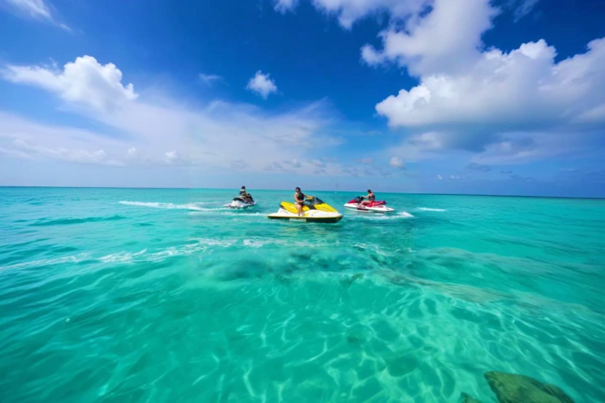 Tanjung Benoa Water Sports Three people riding jet skis in turquoise water at Tanjung Benoa with clear blue sky and white clouds