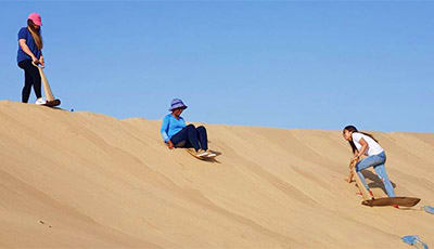 Jeddah Safari with Quad Bikes and Camel Ride Three people sandboarding down a large sand dune under clear blue sky in desert landscape