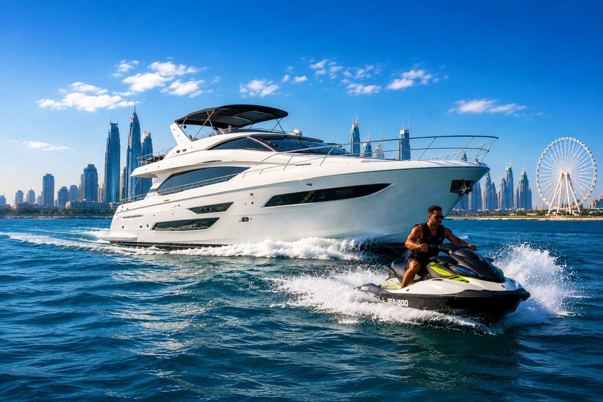 Man riding yellow and black jet ski in turquoise water with white luxury yacht and Dubai skyline in background