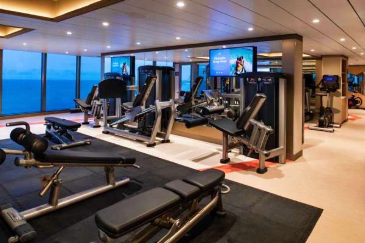 Spectrum of the Seas Asia Cruise Modern gym and fitness center aboard cruise ship with ocean view windows, exercise equipment, and digital screens