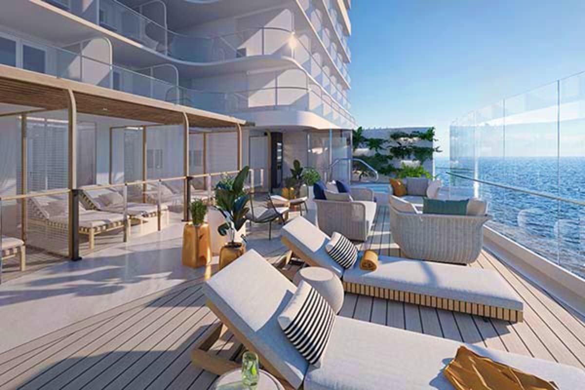 Sun Princess Greek Isles Escape Luxury cruise ship sun deck with lounge chairs, seating areas, and ocean views overlooking the Mediterranean Sea