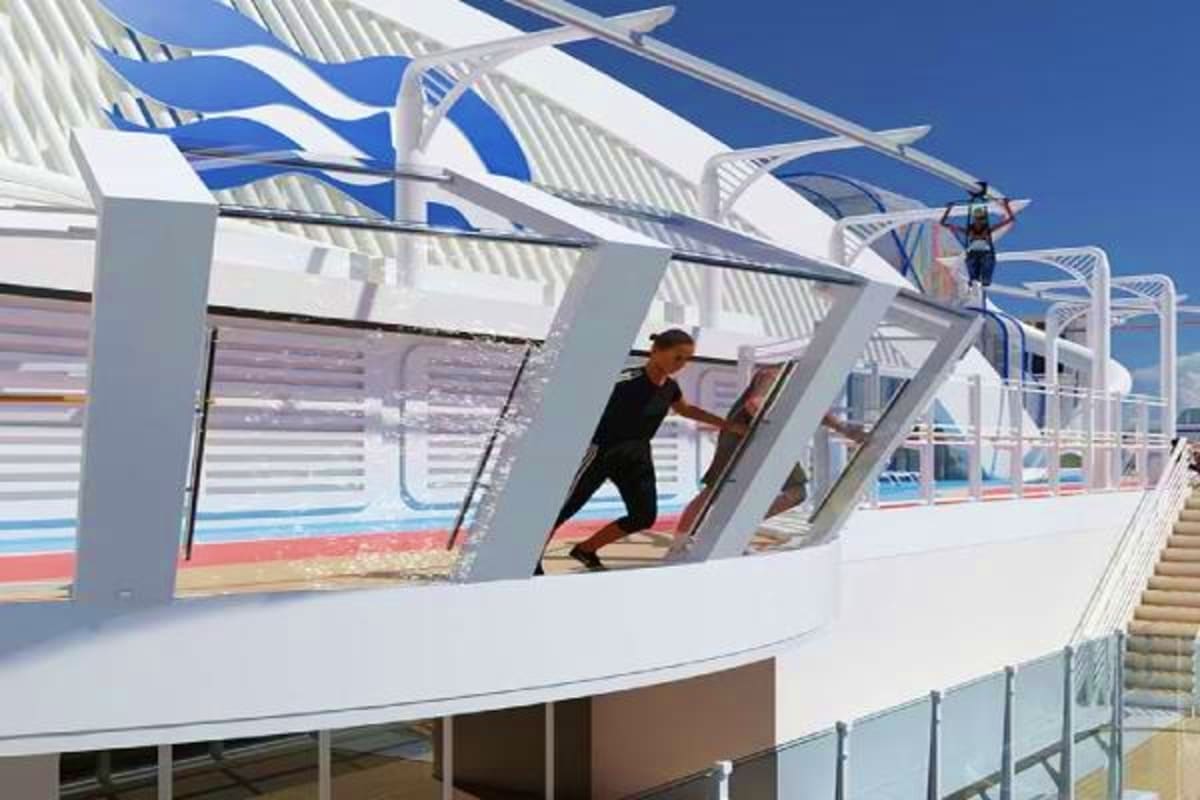 Sun Princess Greek Isles Escape Passengers on Sun Princess ship deck with blue and white sails overlooking Mediterranean sea and coastal landscape