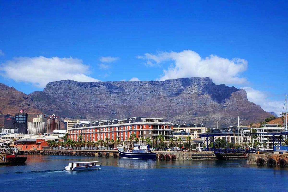 Table Mountain overlooks Cape Town waterfront with boats, buildings, and palm trees along the harbor