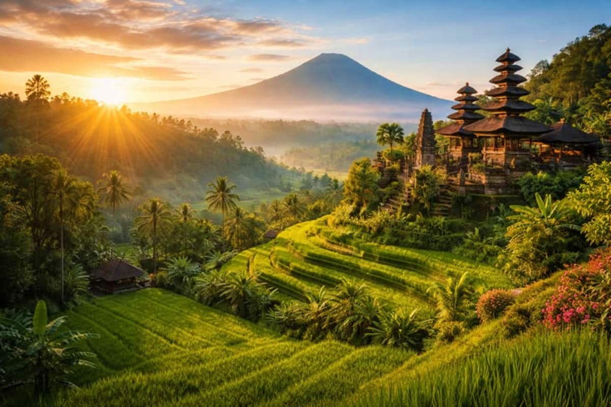 Balinese temple with tiered roofs overlooking terraced rice paddies, palm trees, and Mount Agung at sunrise