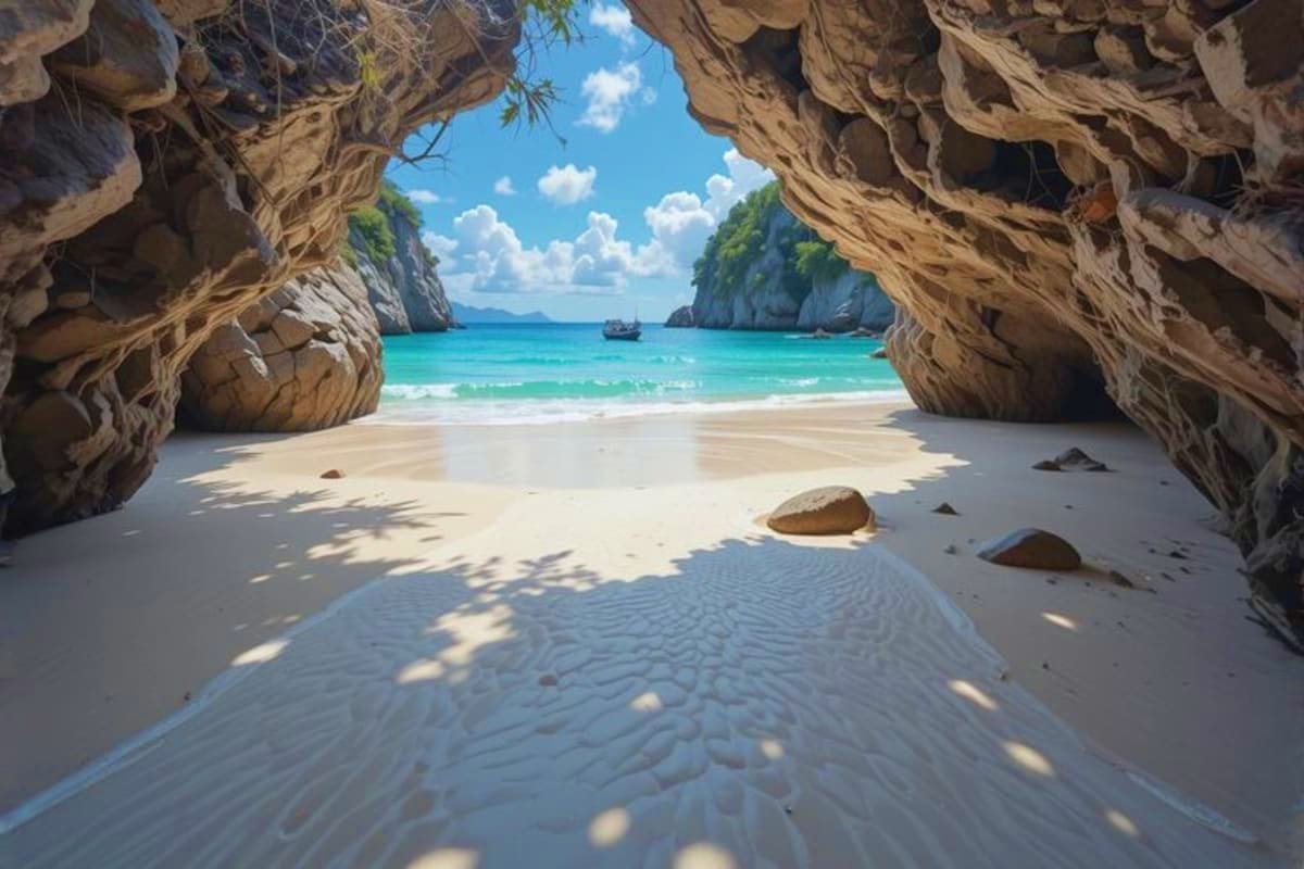 Best of Manila and Boracay Holiday Package Tropical beach cove framed by towering rock formations with turquoise water and white sand, sailboats in distance under blue