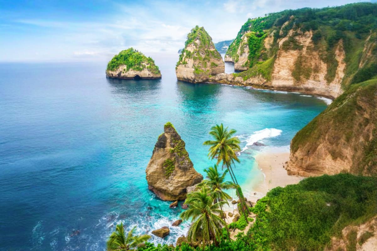 Bali and Nusa Penida Island Hopper Aerial view of Kelingking Beach in Nusa Penida with turquoise waters, limestone cliffs, sandy beach and palm trees
