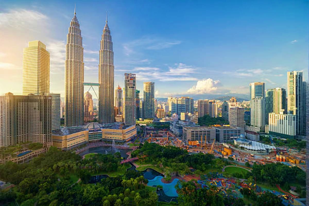 Kuala Lumpur skyline featuring the iconic Petronas Twin Towers with surrounding cityscape and green parks