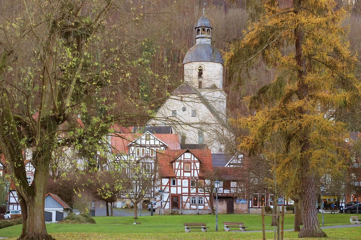 Historic German village square with half-timbered buildings and church tower framed by large old trees