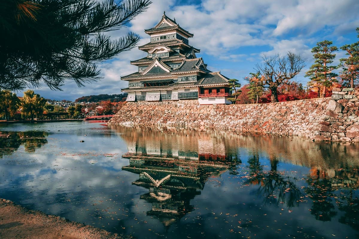 Japanese castle with tiered roofs reflected in still water, surrounded by autumn foliage and stone walls under blue sky