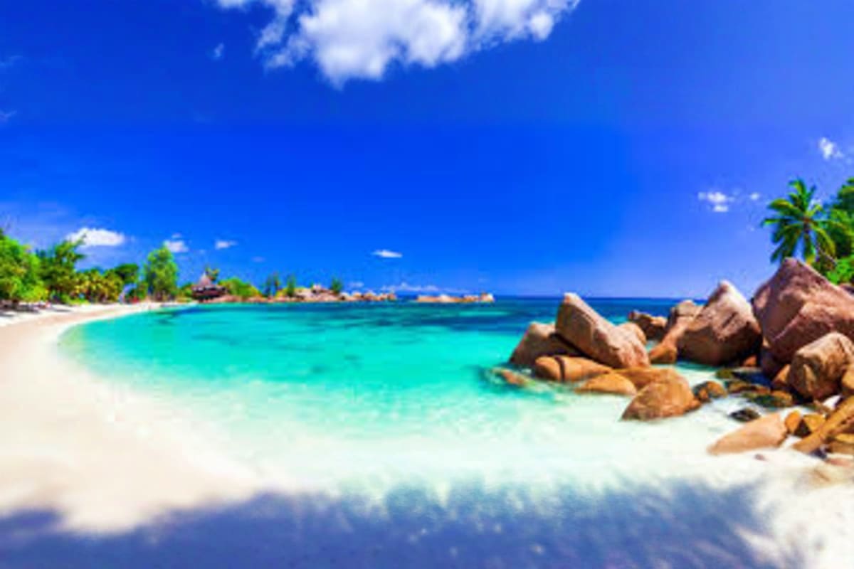 Pristine tropical beach in Seychelles with turquoise water, white sand, granite boulders, and palm trees under blue sky