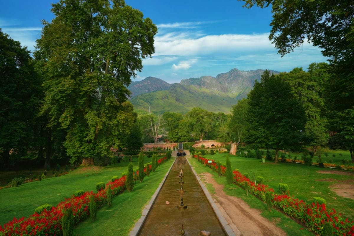 Symmetrical garden pathway with central water channel, red flowers, green lawns, and mountain backdrop in Srinagar Kashmir