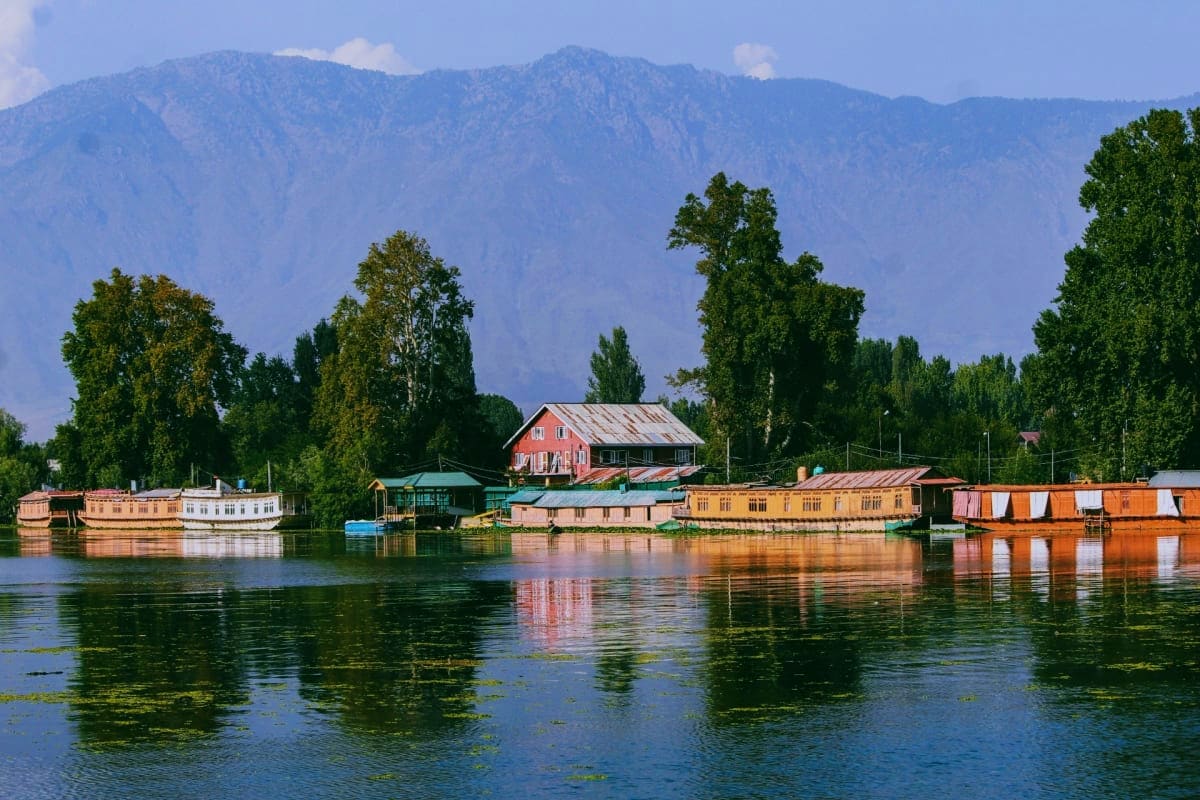 Colorful houseboats and waterfront buildings on Dal Lake with snow-capped mountains and poplar trees in Kashmir