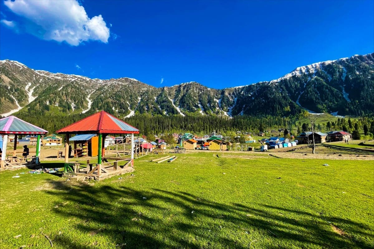 Alpine meadow in Kashmir with traditional red-roofed shop, snow-capped mountains, and forested slopes under blue sky