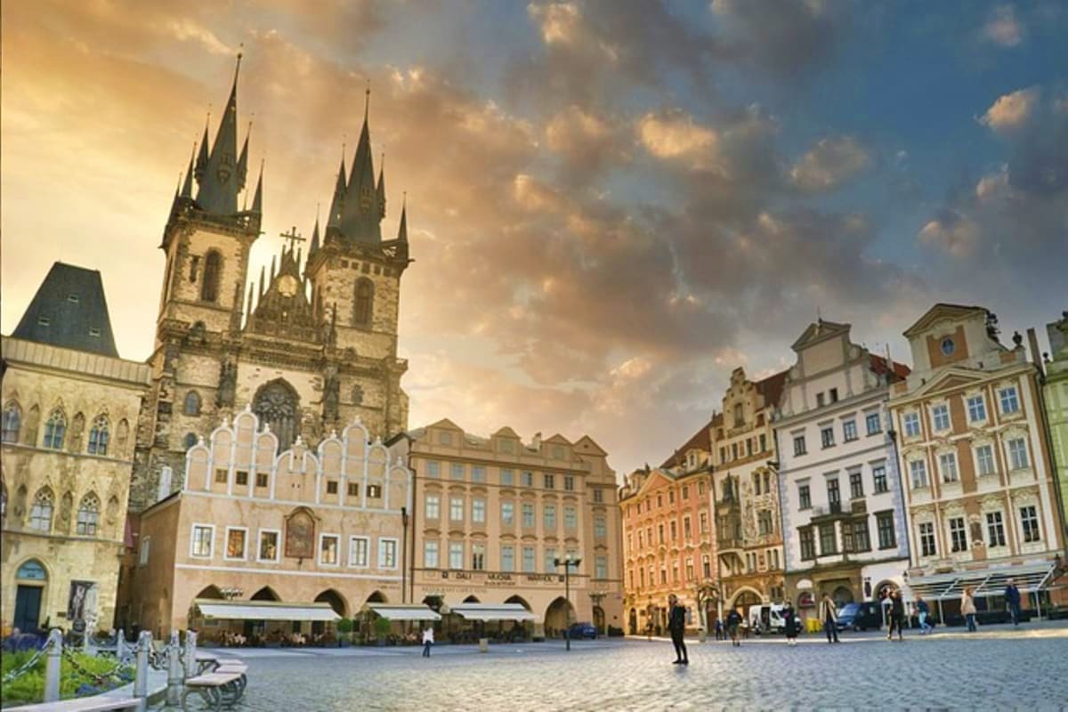 Church of Our Lady before Tyn with twin spires overlooking Old Town Square in Prague, Czech Republic with historic buildings 