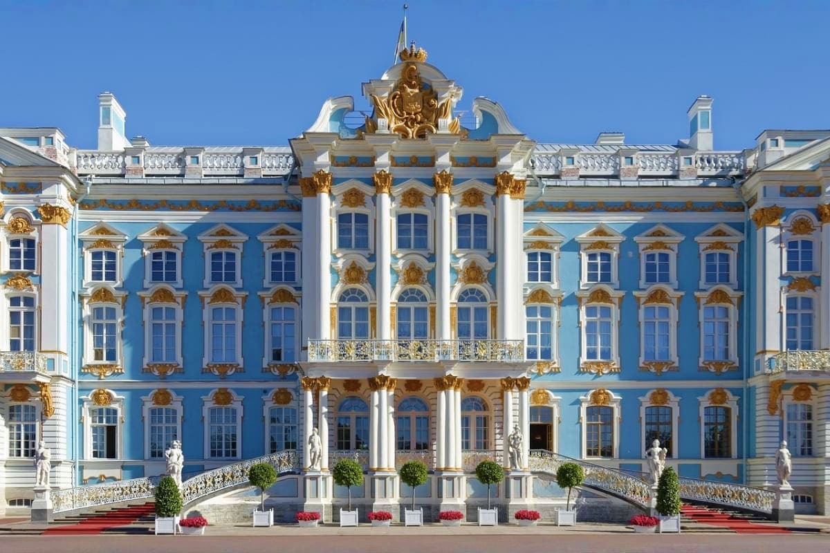 Catherine Palace in Pushkin, Saint Petersburg featuring ornate Baroque architecture with blue facade and golden accents