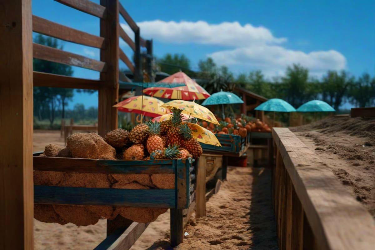 Pineapples and coconuts displayed in wooden carts at a beachside market stand with colorful umbrellas and pine trees under bl