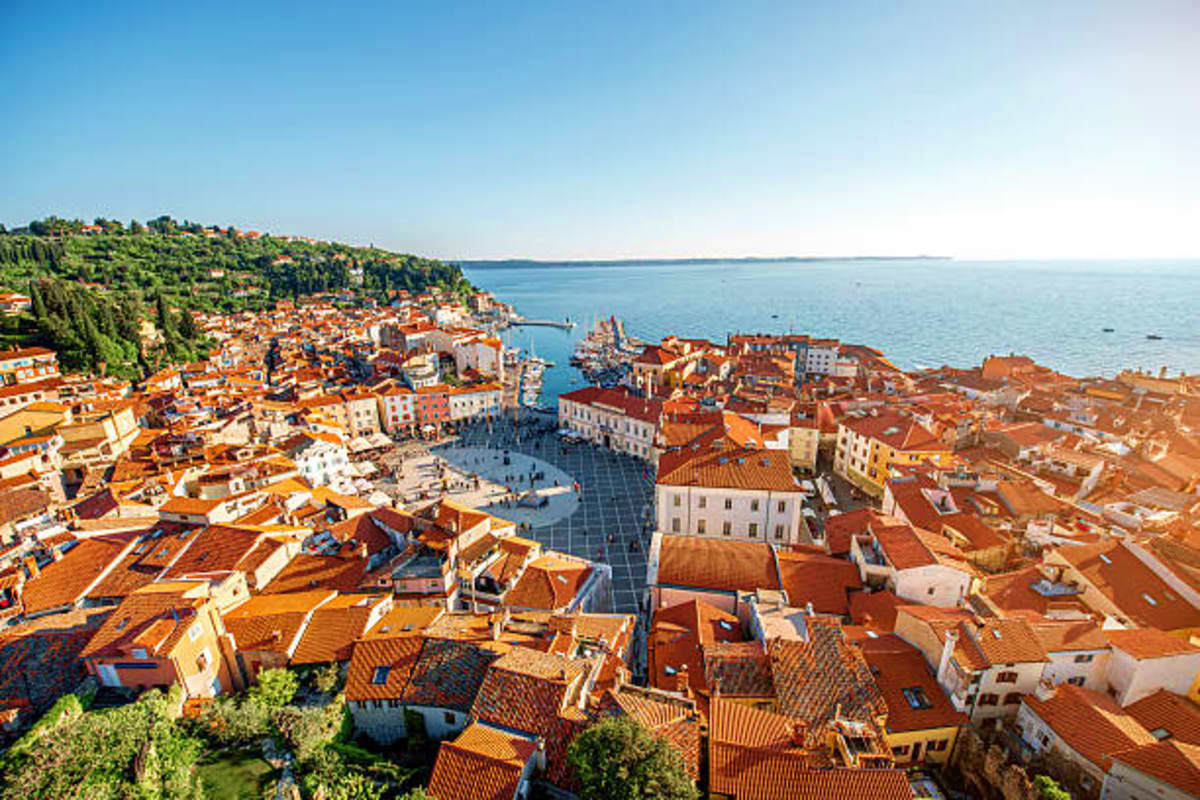 Aerial view of Rovinj coastal town with red-tiled roofs, Adriatic Sea, and hillside vegetation under clear blue sky