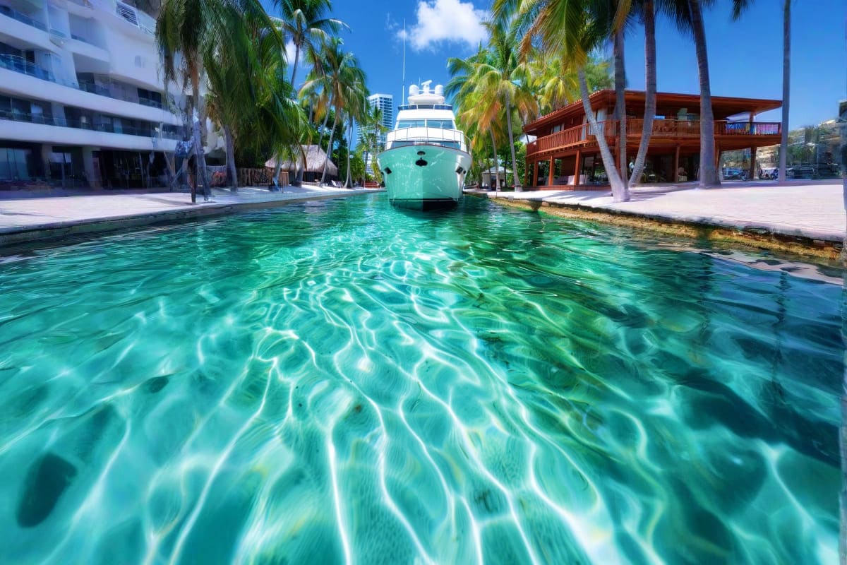Amazing Seychelles - 05N & 06D Luxury yacht docked in crystal clear turquoise water at tropical marina with palm trees and modern waterfront buildings