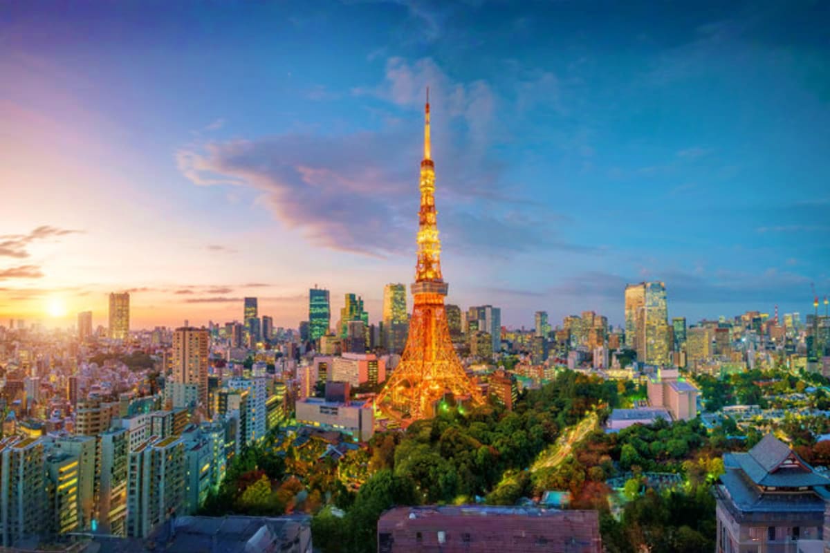 Tokyo skyline at sunset with illuminated Tokyo Tower surrounded by city buildings and trees