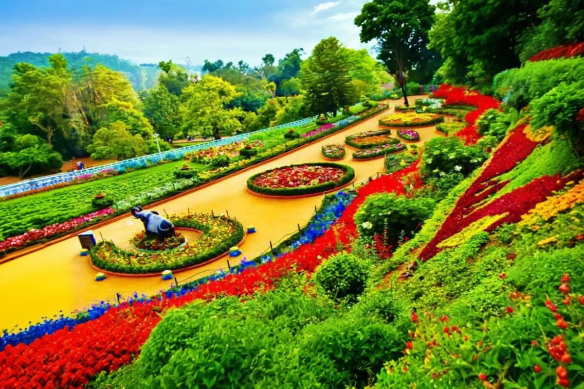 Mysore Coorg Ooty Scenic Family Tour Aerial view of colorful ornamental flower gardens with red, blue, and yellow flower beds, manicured hedges, and lush green tr
