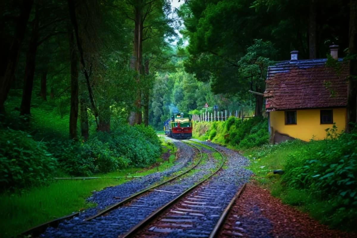 Mysore Coorg Ooty Scenic Family Tour Narrow gauge railway tracks curving through lush green forest with a red steam train approaching and a yellow cottage on the