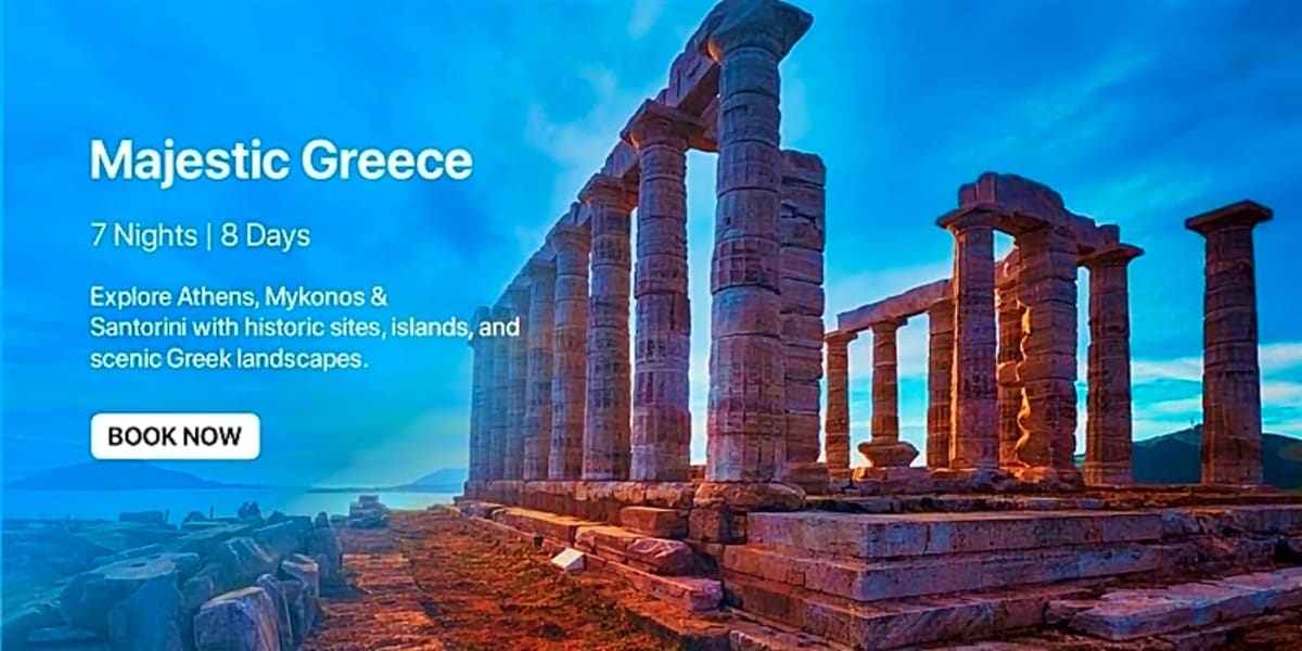 Ancient Greek temple ruins with Doric columns at sunset, overlooking coastal landscape under blue sky